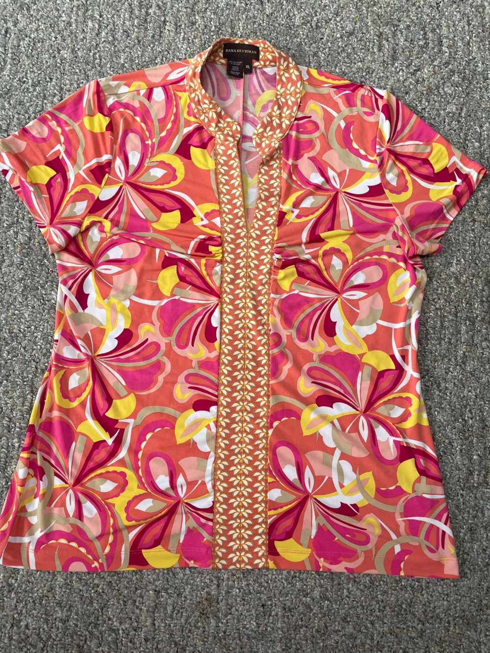 Coral, yellow and pink floral top